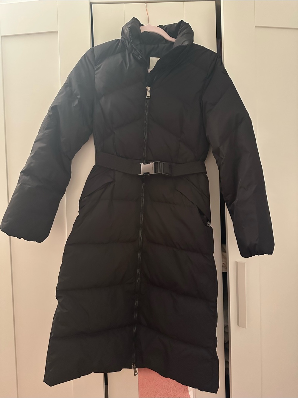 Moncler long black puffer with belt size xs/s